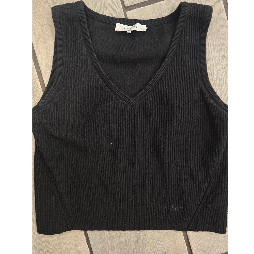 Frame Black Ribbed Knit V-Neck Cropped Tank Top FRM Logo Size Medium